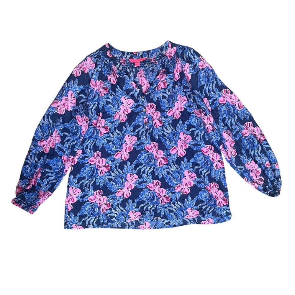 Lilly Pulitzer Elsa 100% Silk Blouse Top XXL Low Tide Navy Colorful Tropical - Picture 8 of 12